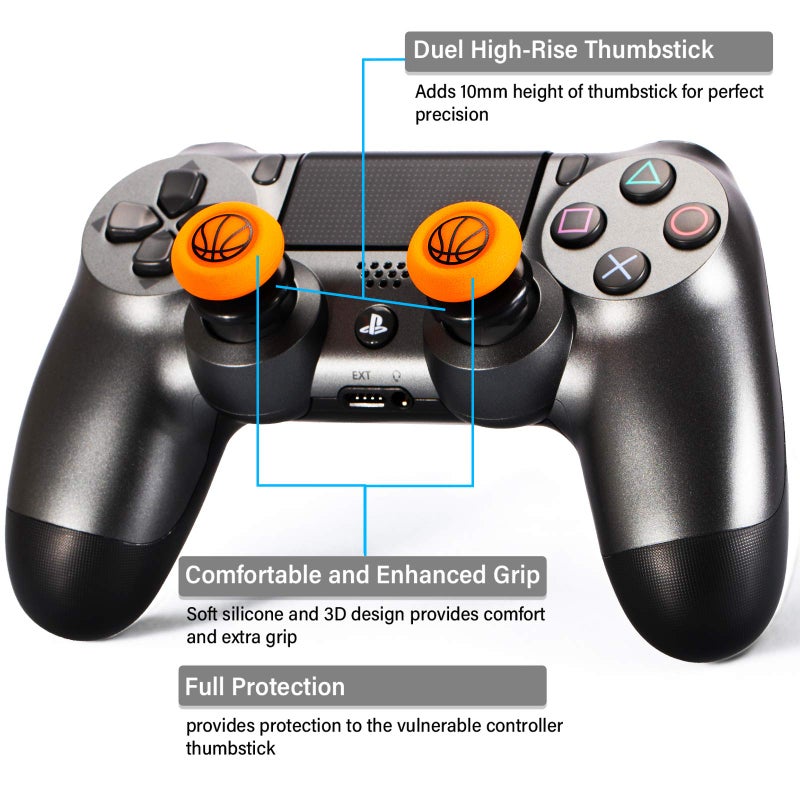 Playrealm FPS Thumbstick Extender & Printing Rubber Silicone Grip Cover 2 Sets for PS5 Dualsenese & PS4 Controller (Basketball) - Image 2